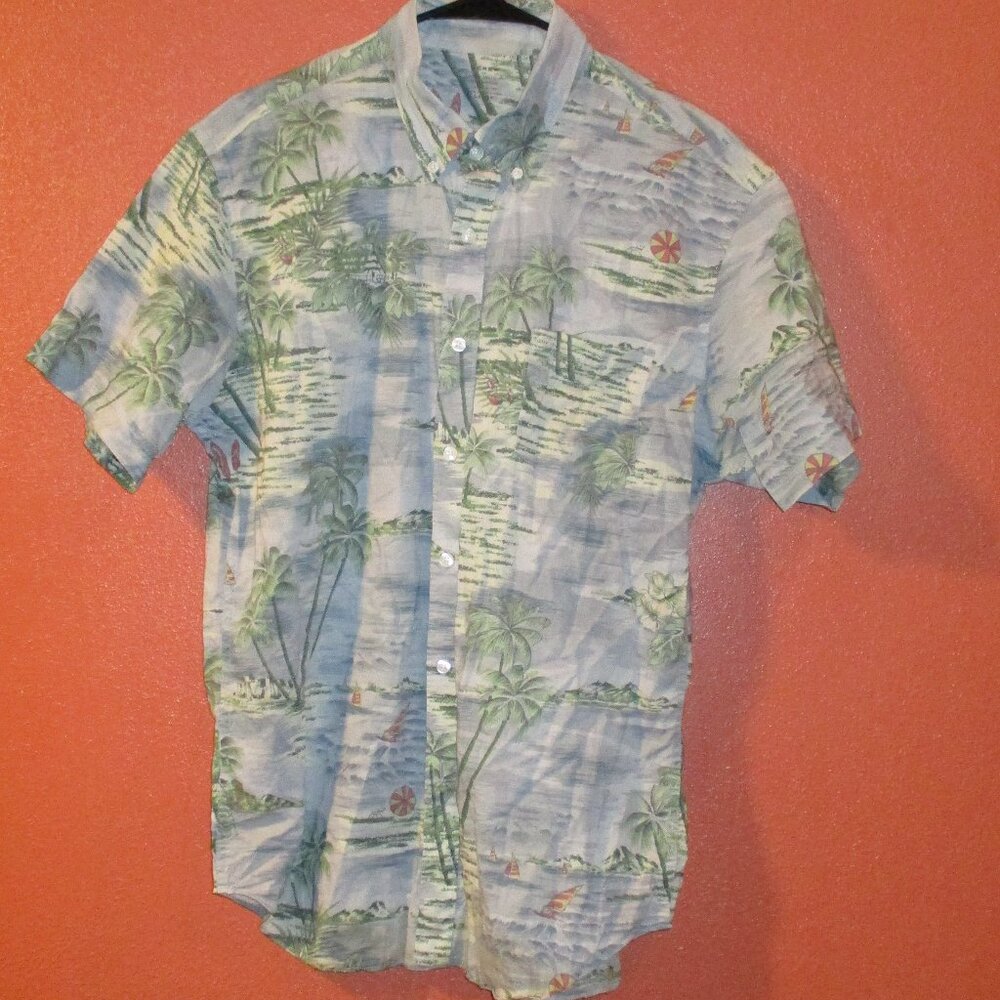 J Crew Shirt Men Large Red Green Blue Sail Boat Palm Tree Button Down Shirt
